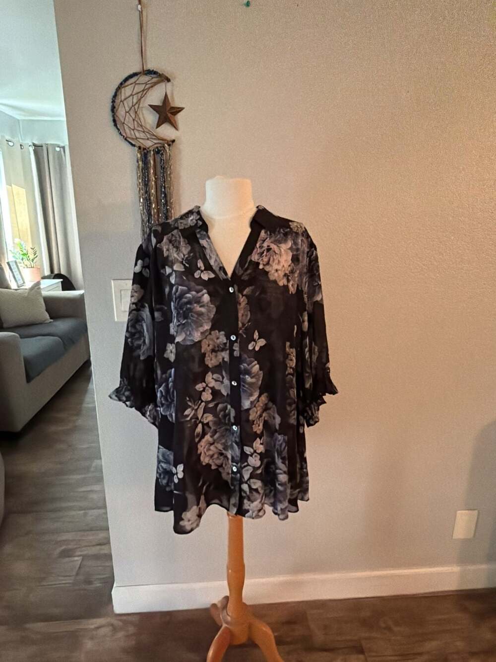 Susan Graver Pure Chiffon Floral Burnout Button Front Blouse with Ruffle Sleeve